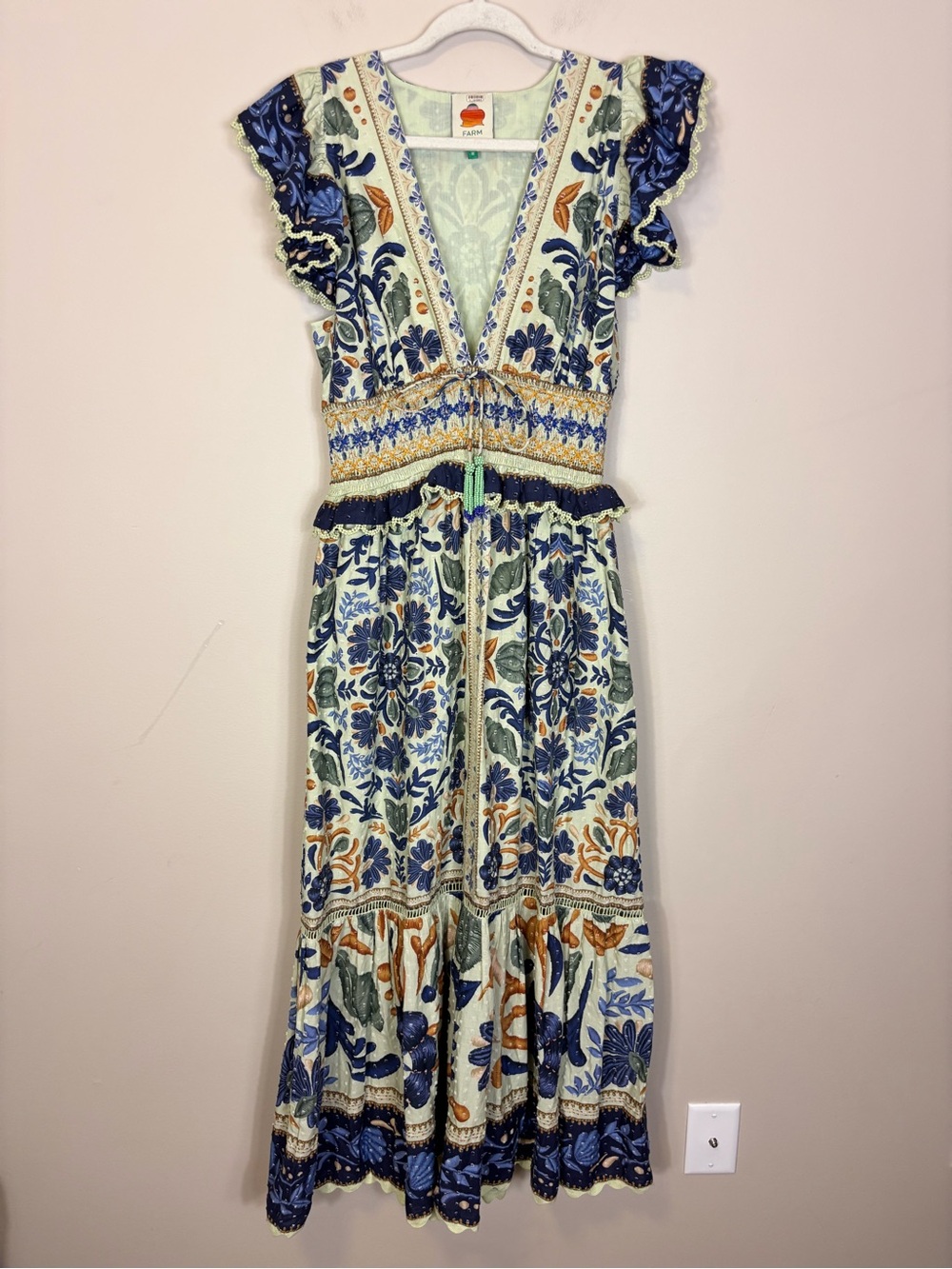 FARM Rio Ocean Tapestry Suzani Cotton Midi Dress Medium- Blue, Green, Orange